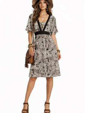 Clothing Co by Notations Brown Floral Print Short Sleeve Dress Womens S Retro